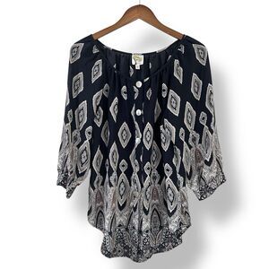 Fig and Flower Anthropologie Womens M Black Beige 3/4 Puff Sleeve Chiffon Blouse